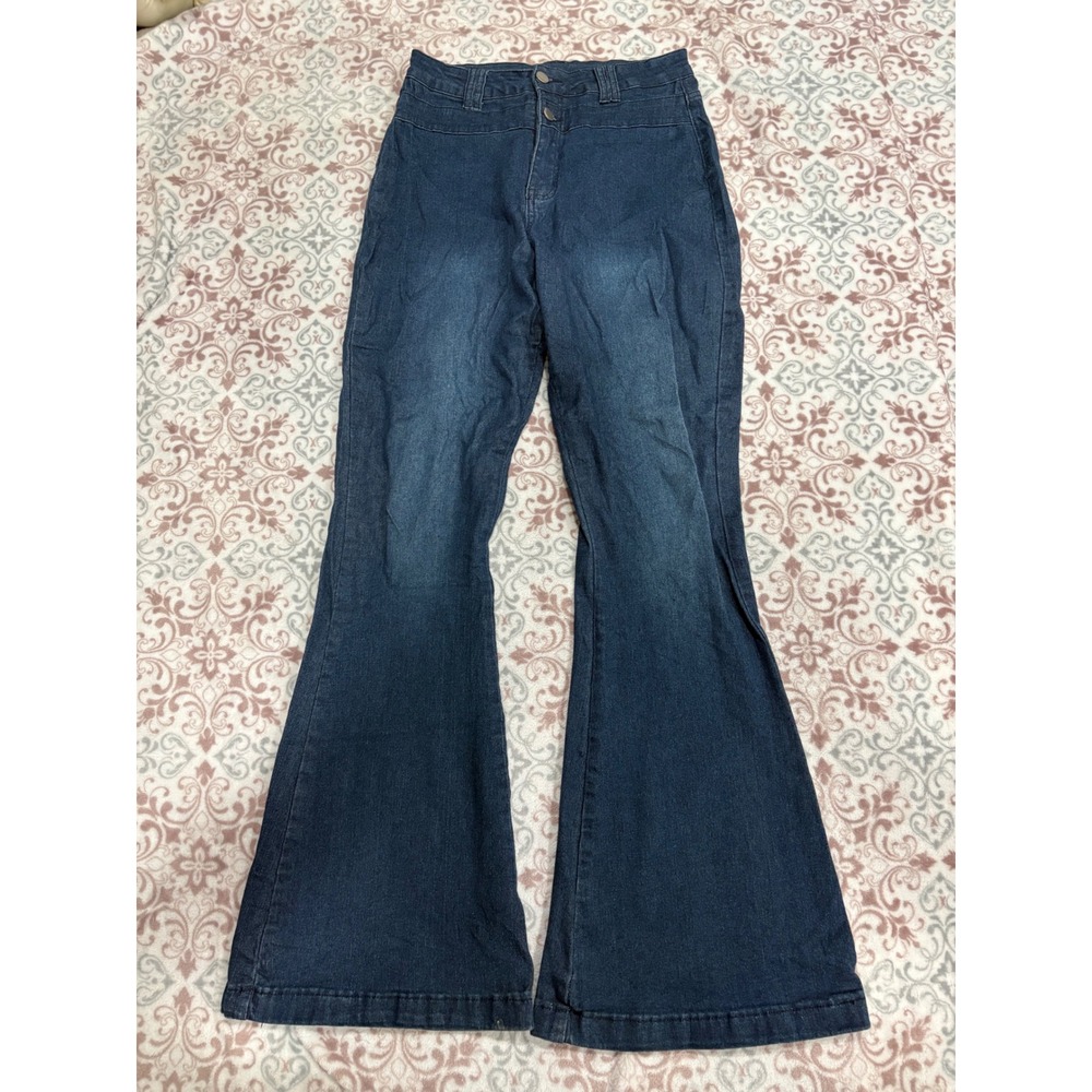 Pantete High Waisted Flare Jeans Dark Wash Bell Bottoms Double Button Size M